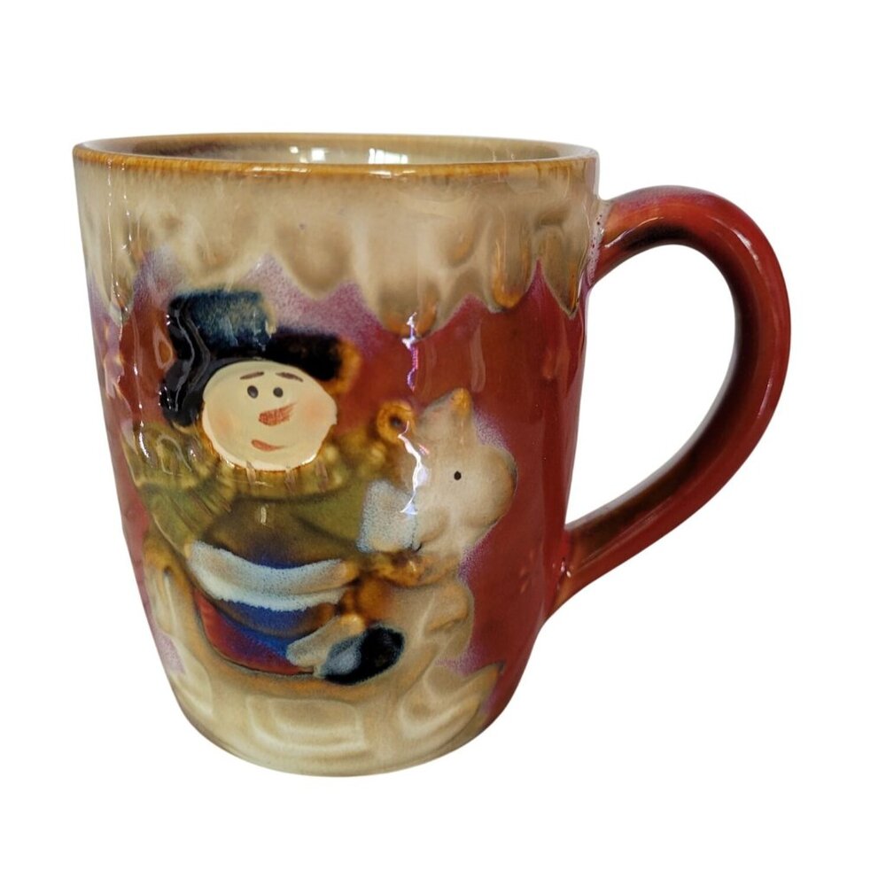 Vintage Ceramic Snowman Coffee Mug Rocking Horse Pottery